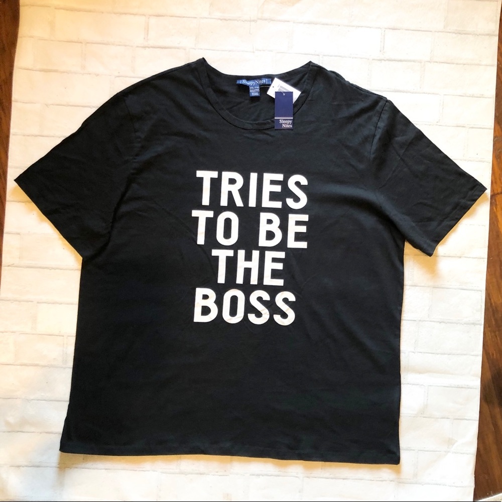 NWT Black and White T-shirt “Tries to be the Boss” on front, funny dad joke XXL